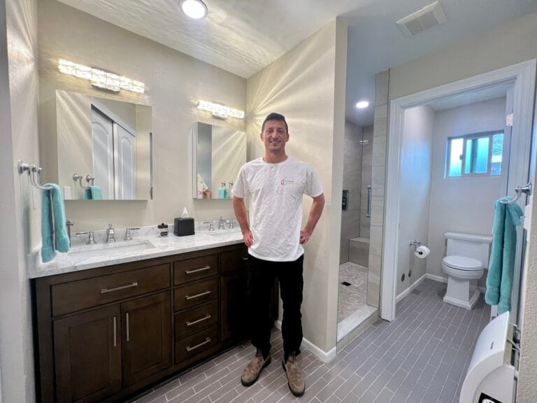 Mira Messa Addition by Sheiner Construction - Building Manager Didi Sheiner in Newly constructed Bathroom