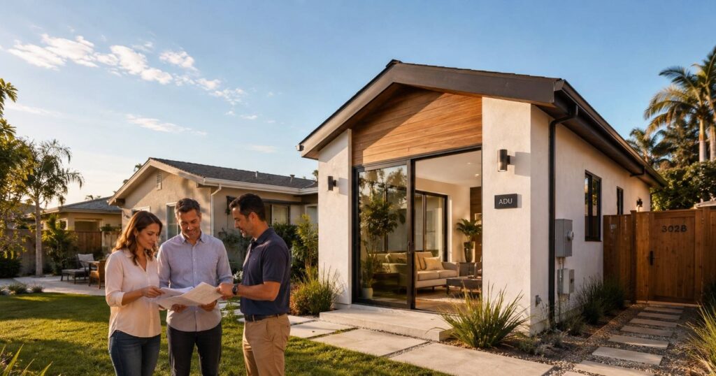 Modern detached ADU in a San Diego backyard with homeowners reviewing plans for an AB 1033 condo conversion and separate ADU sale.
