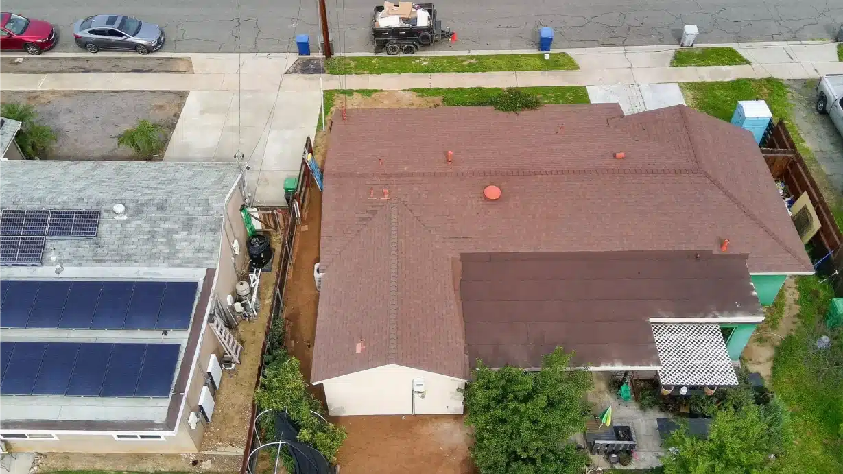 Aerial view of the completed Santee property showing the house and rear yard