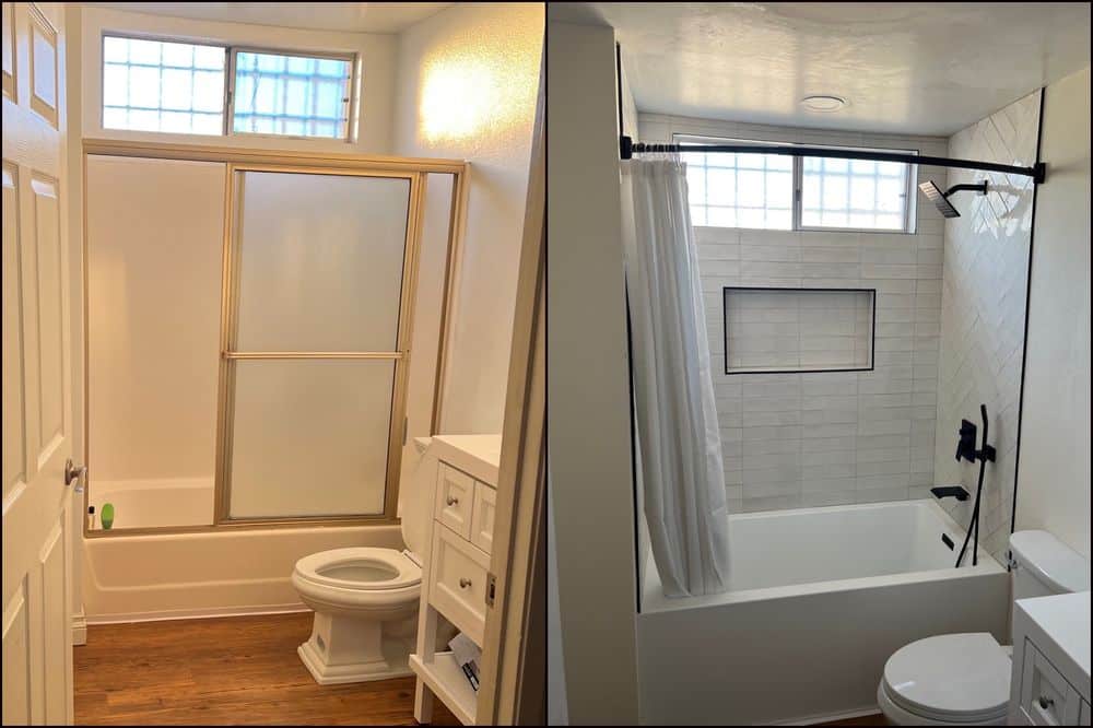 Side-by-side comparison of the La Mesa bathroom before and after the remodel