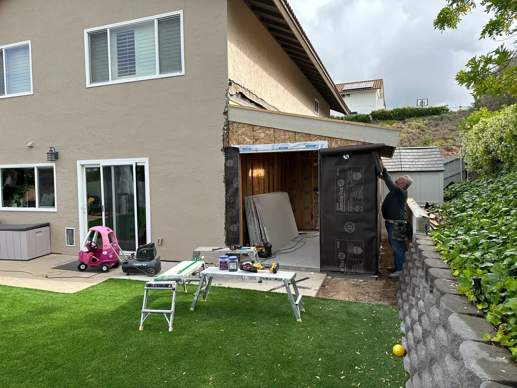 The addition essentially complete from the garden, with the patio reinstated