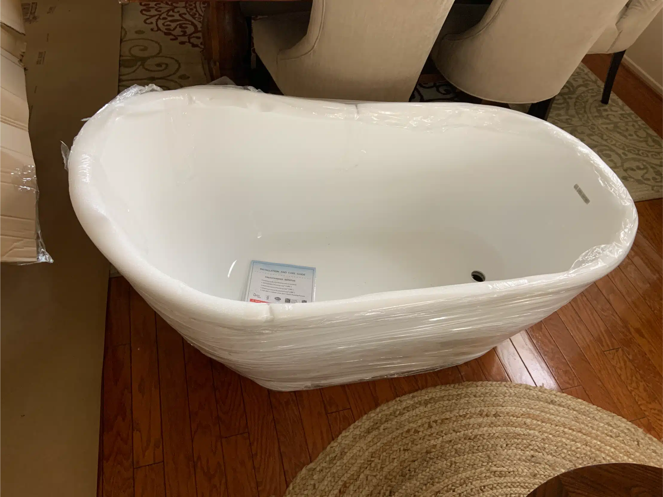 The freestanding tub delivered to site ahead of installation