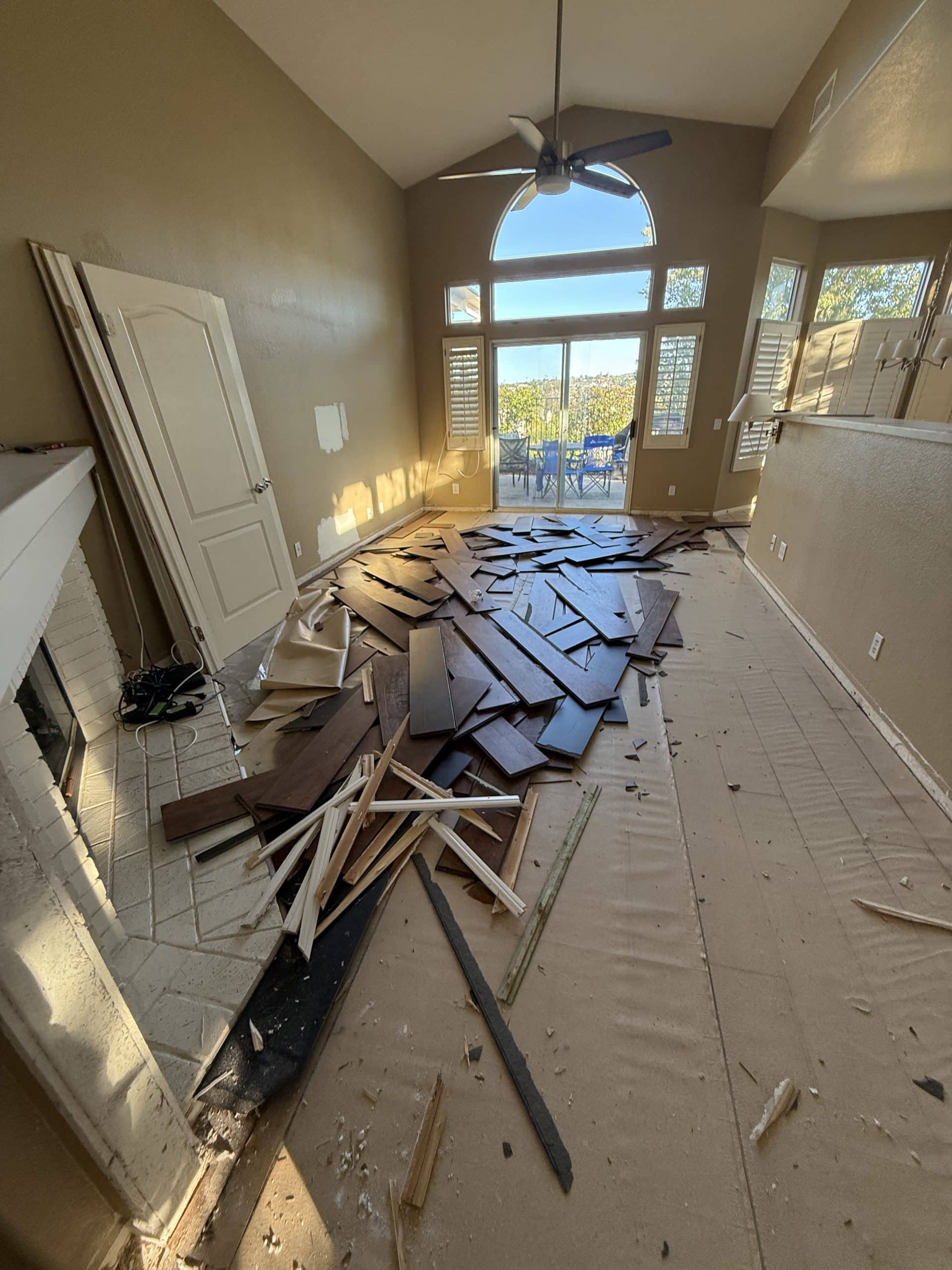 Flooring lifted and stacked during the strip-out
