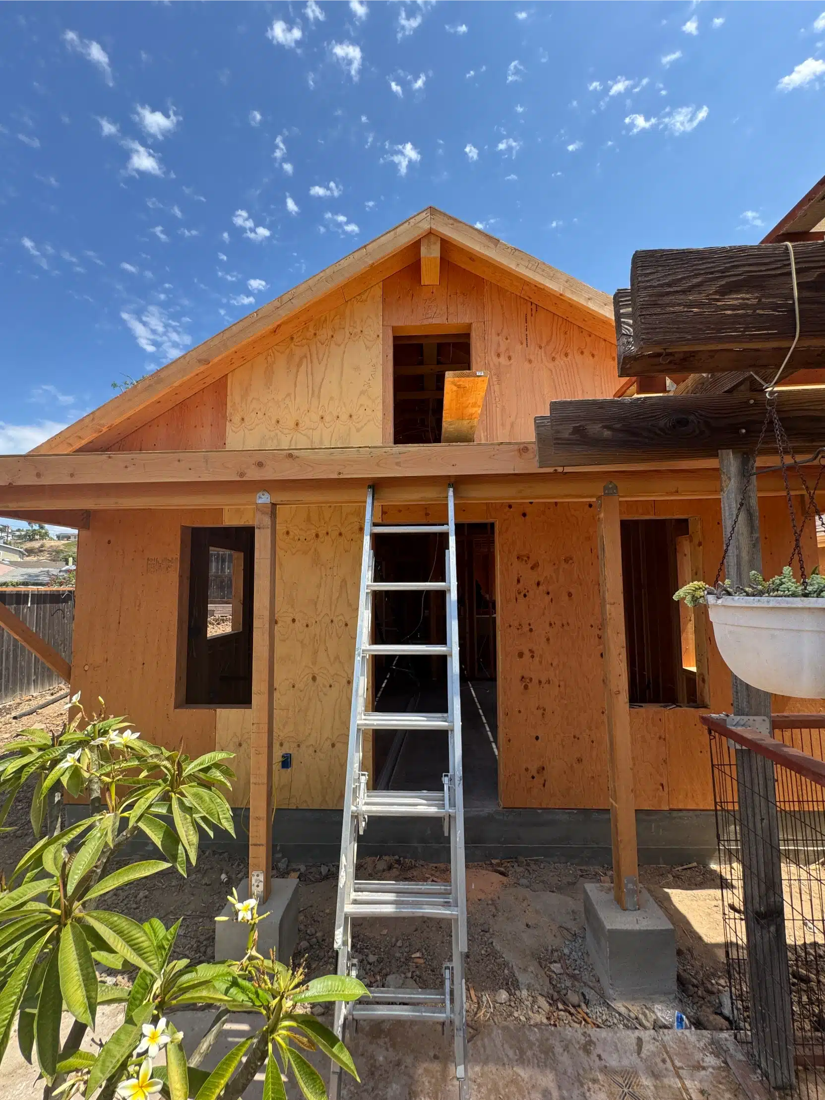 The ADU framed and sheathed with the roof structure complete