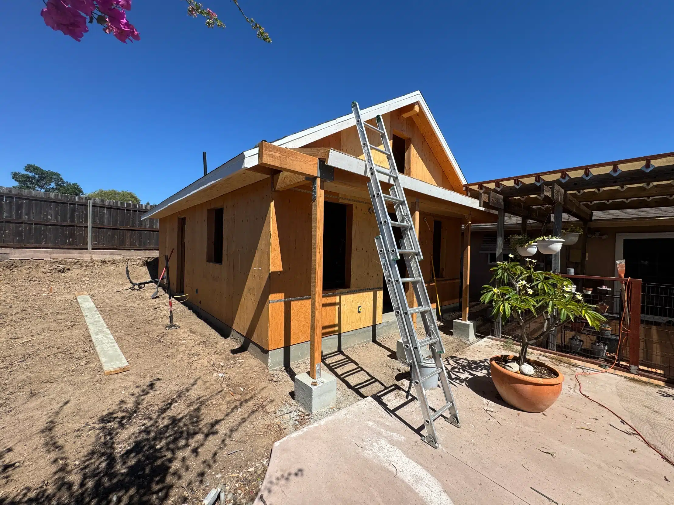 The framed and sheathed ADU standing in the rear yard before exterior finishes