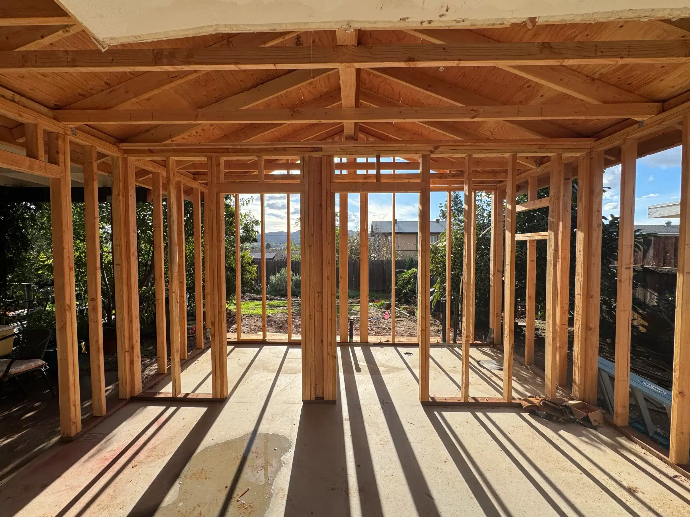 Interior framing of the Santee addition with the roof structure above