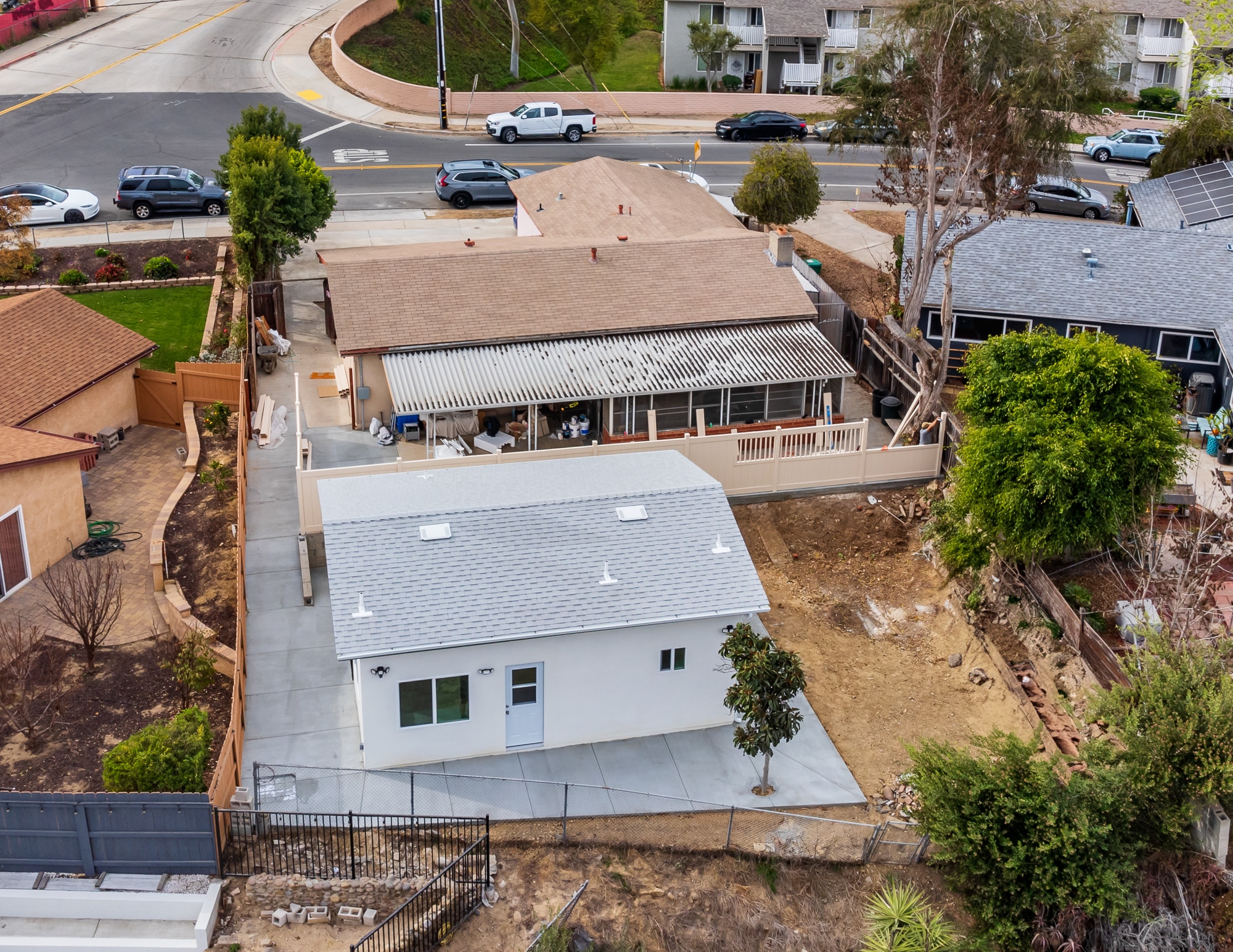 Aerial view of the completed ADU in the rear yard behind the main house