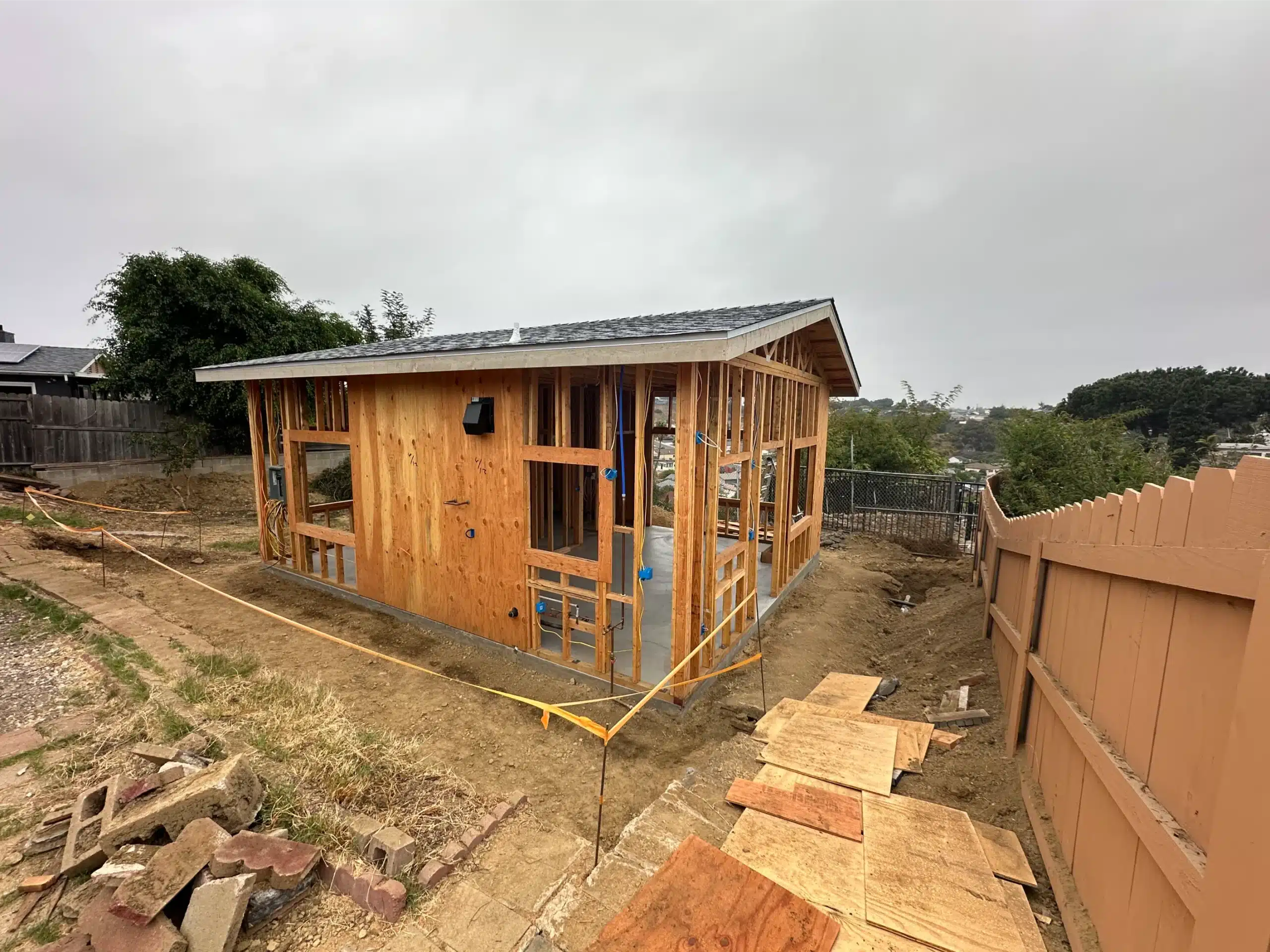 The ADU framed and sheathed with the roof structure complete